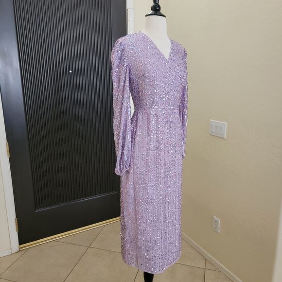 Mac Duggal 107641 Lavender Purple 2 Sequin Lilac Long Sleeve Midi Dress Evening - Picture 8 of 13
